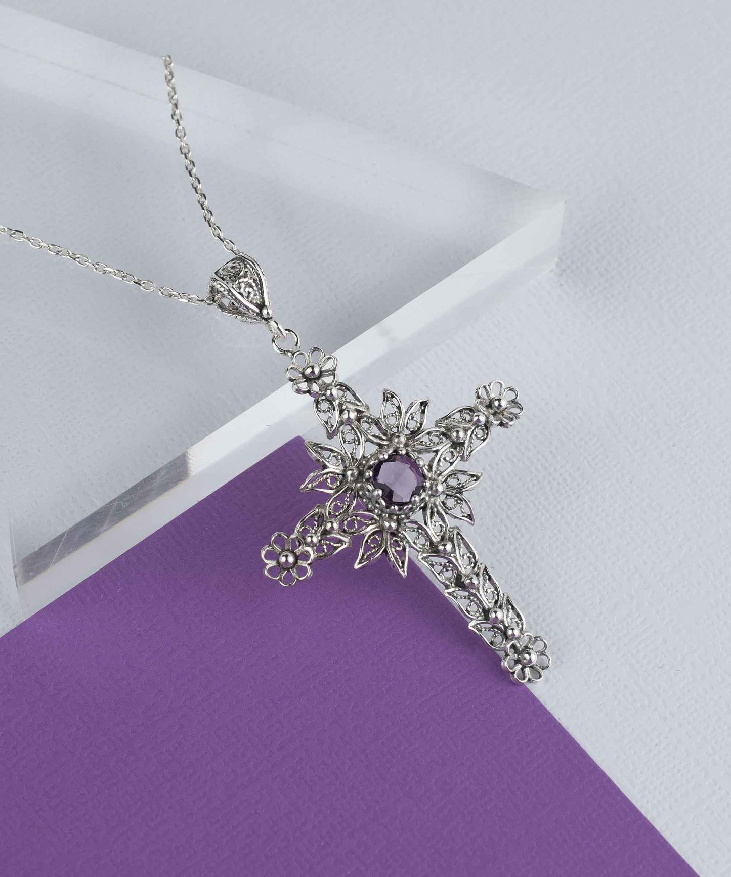 Filigree Art Amethyst Gemstone Women Silver Cross Pendant Necklace