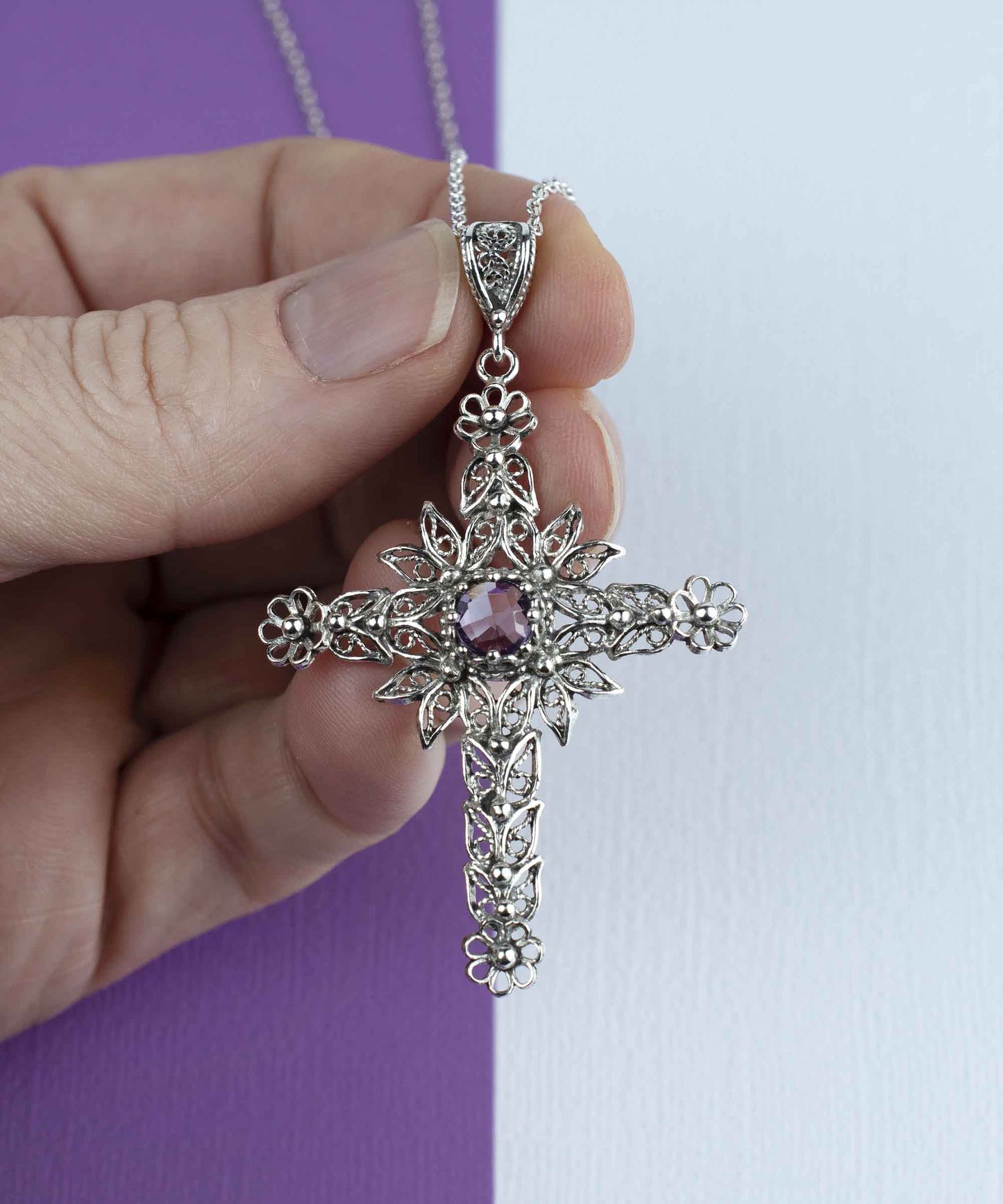 Filigree Art Amethyst Gemstone Women Silver Cross Pendant Necklace