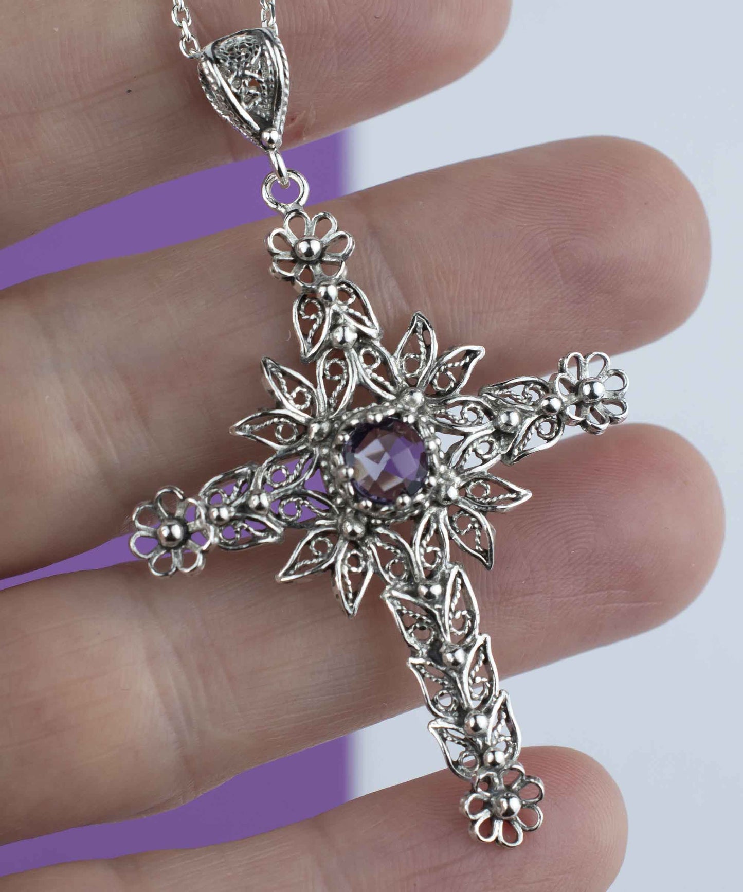 Filigree Art Amethyst Gemstone Women Silver Cross Pendant Necklace
