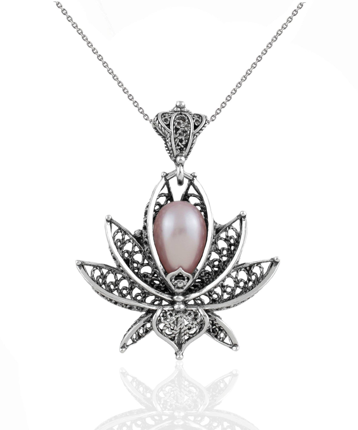 Filigree Art Pink Pearl Gemstone 3D Lotus Flower Women Silver Pendant