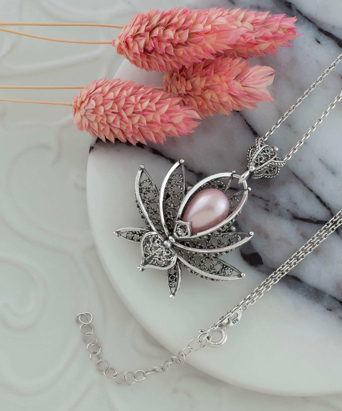 Filigree Art Pink Pearl Gemstone 3D Lotus Flower Women Silver Pendant