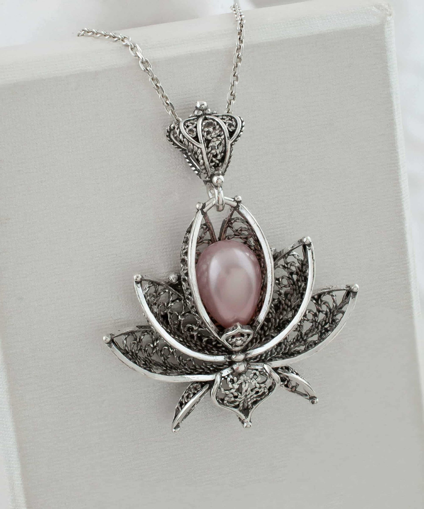 Filigree Art Pink Pearl Gemstone 3D Lotus Flower Women Silver Pendant
