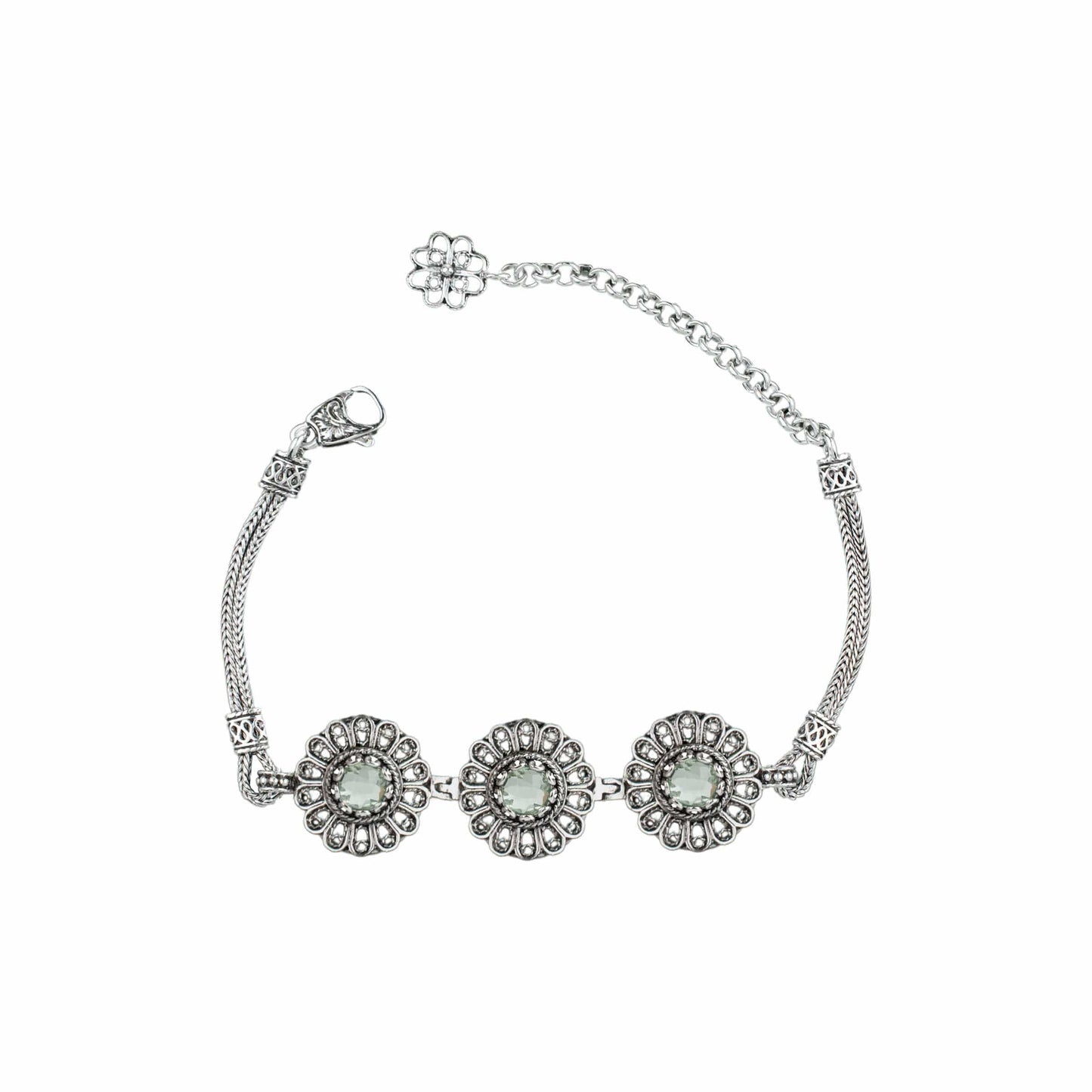 Filigree Art Prasiolite Gemstone Women Silver Link Bracelet