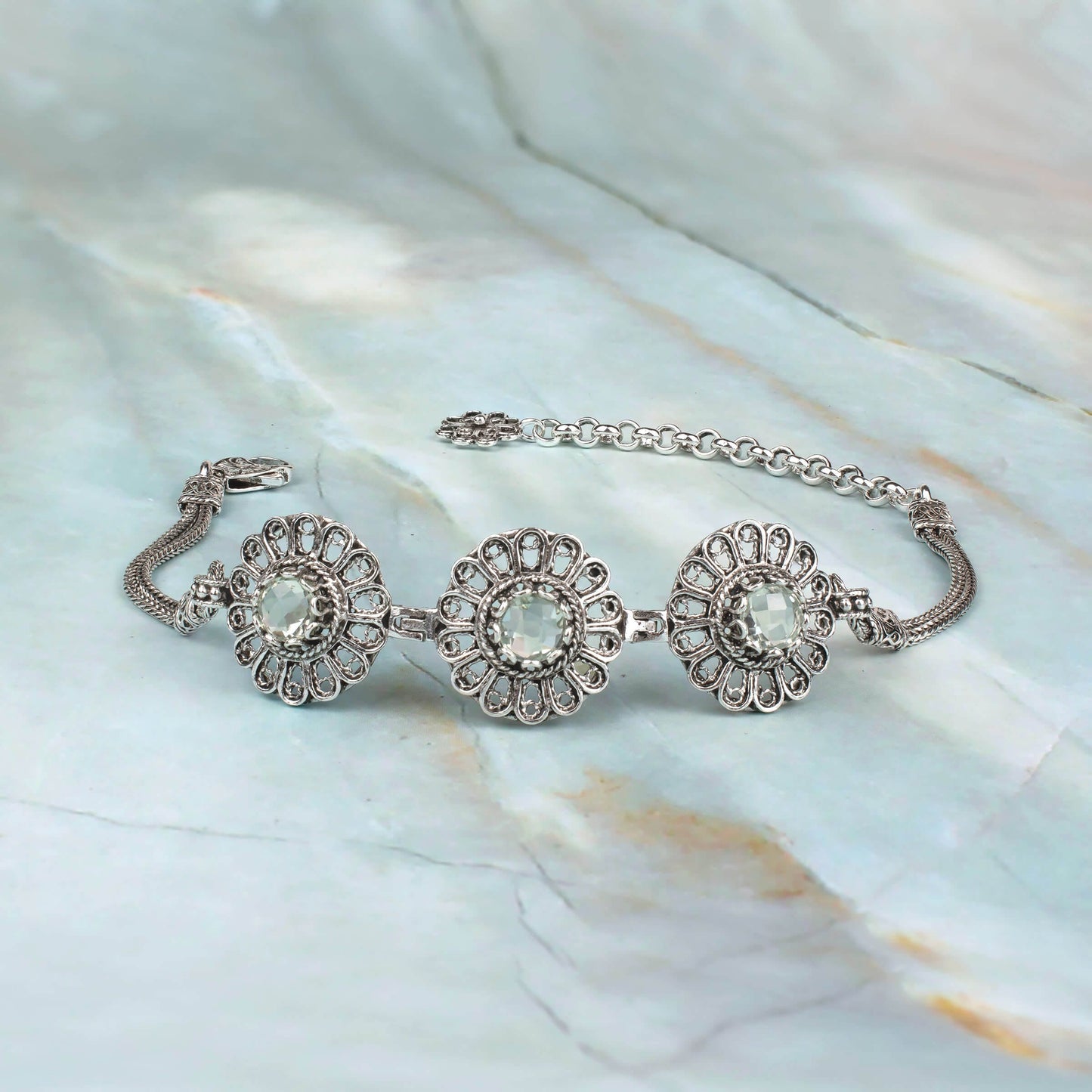 Filigree Art Prasiolite Gemstone Women Silver Link Bracelet