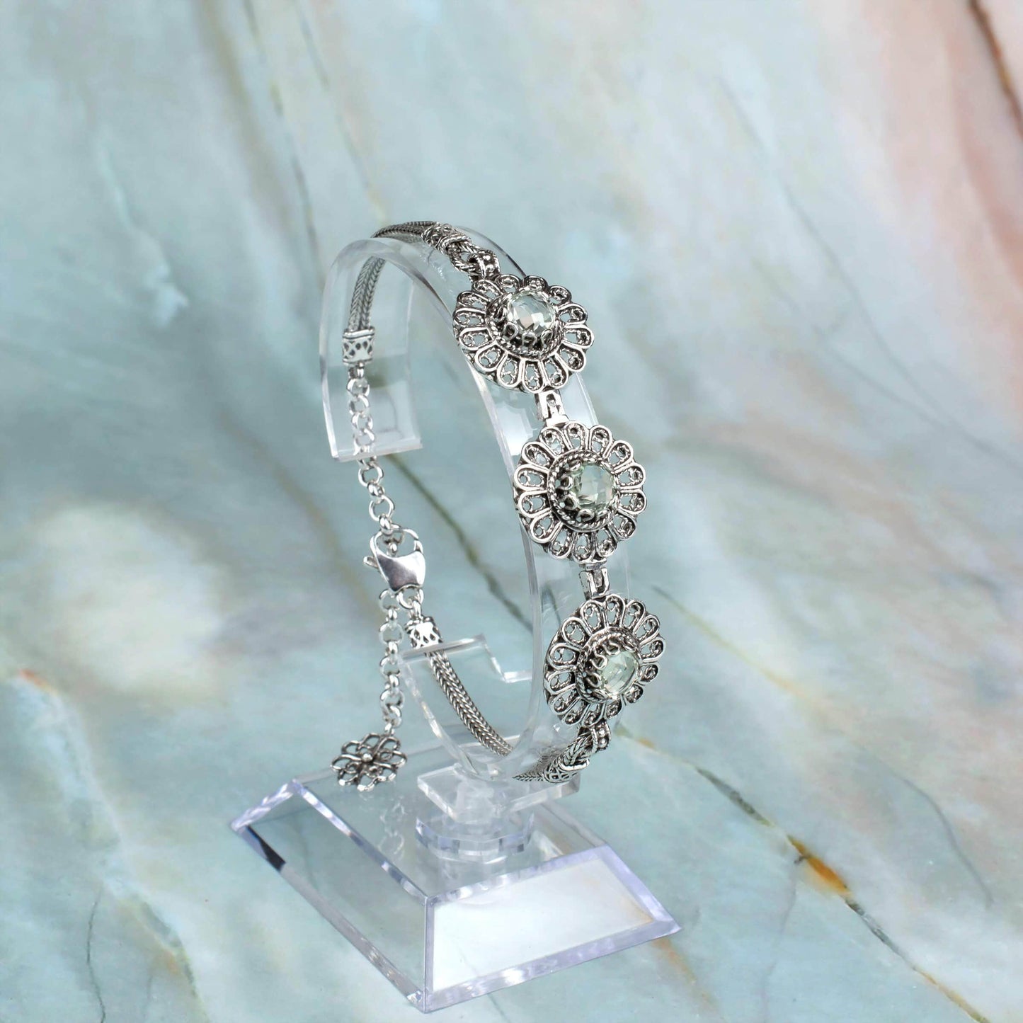 Filigree Art Prasiolite Gemstone Women Silver Link Bracelet