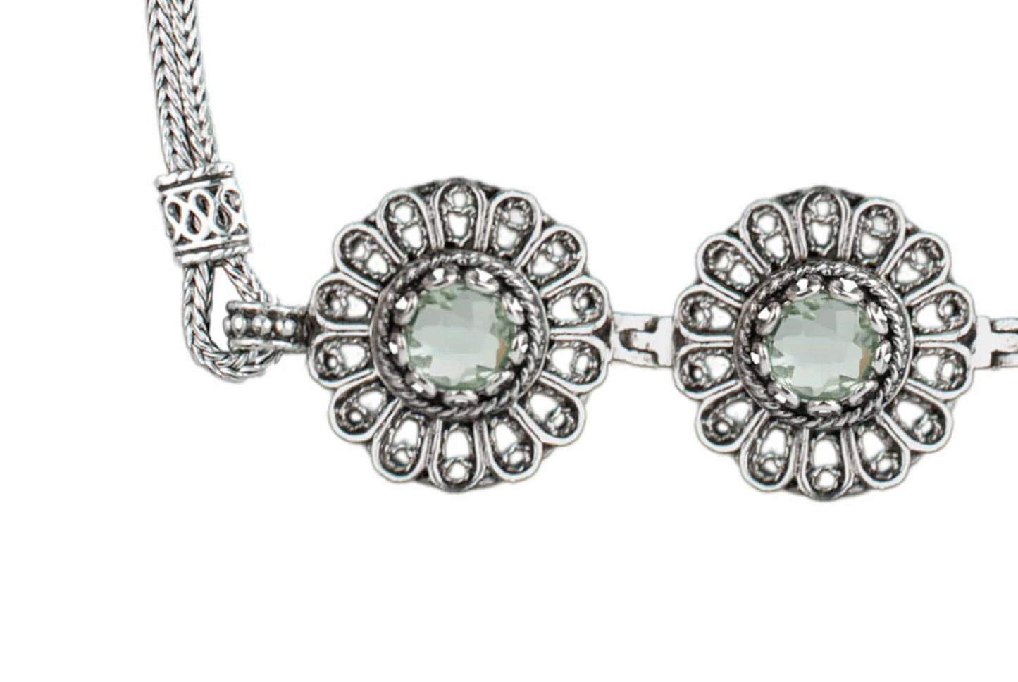Filigree Art Prasiolite Gemstone Women Silver Link Bracelet