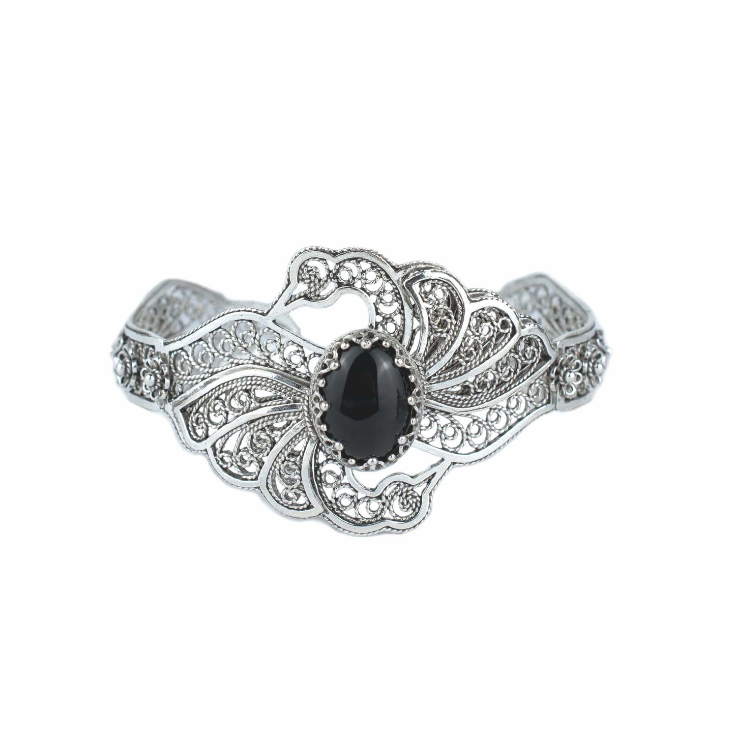Filigree Art Black Onyx Gemstone Double Swan Figured Women Silver Cuff