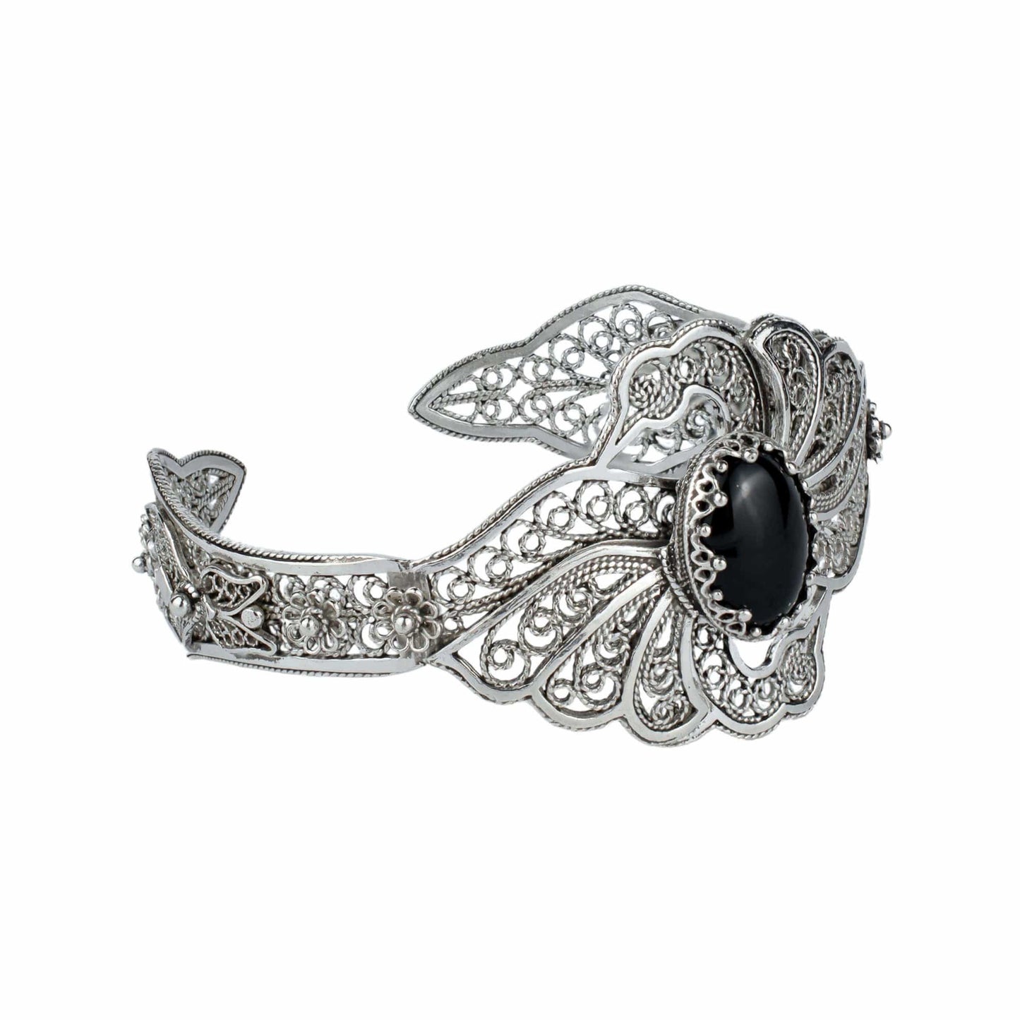 Filigree Art Black Onyx Gemstone Double Swan Figured Women Silver Cuff