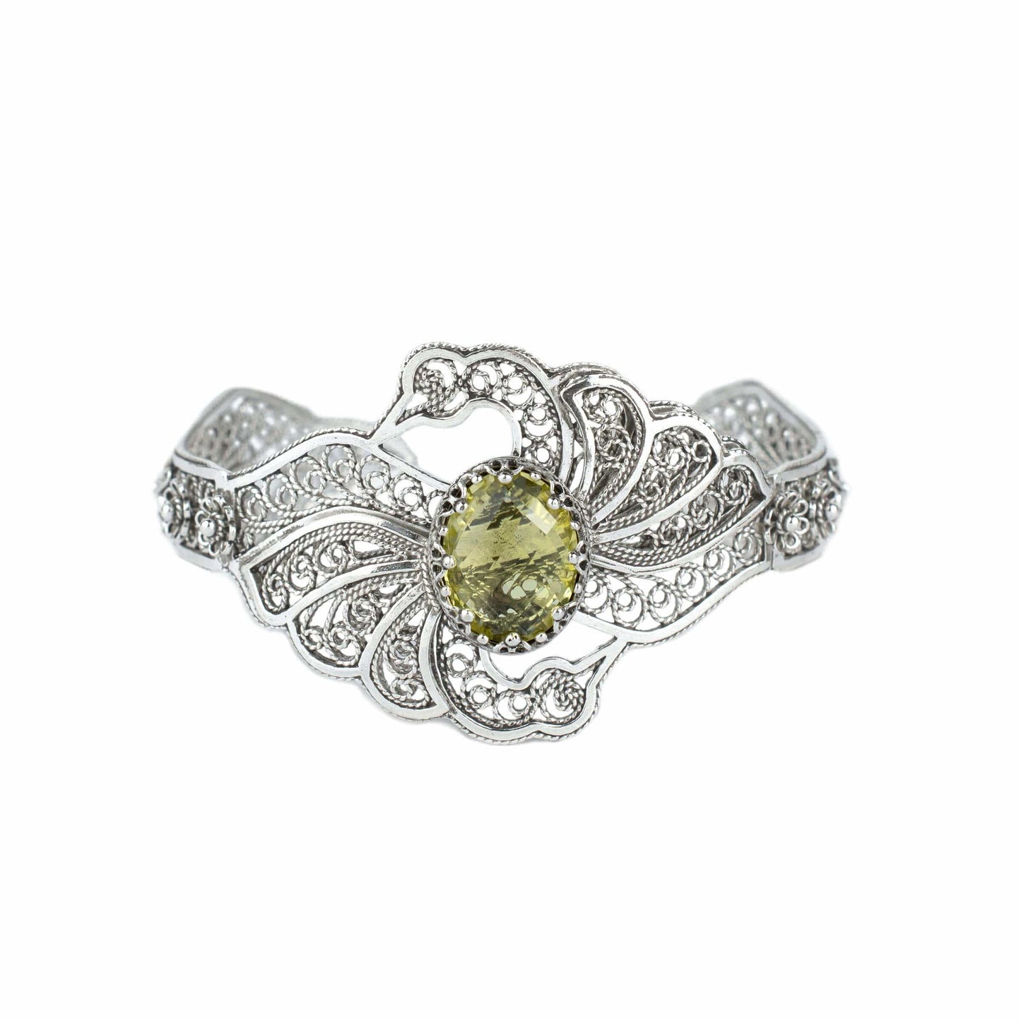 Filigree Art Lemon Quartz Gemstone Double Swan Figured Women Silver
