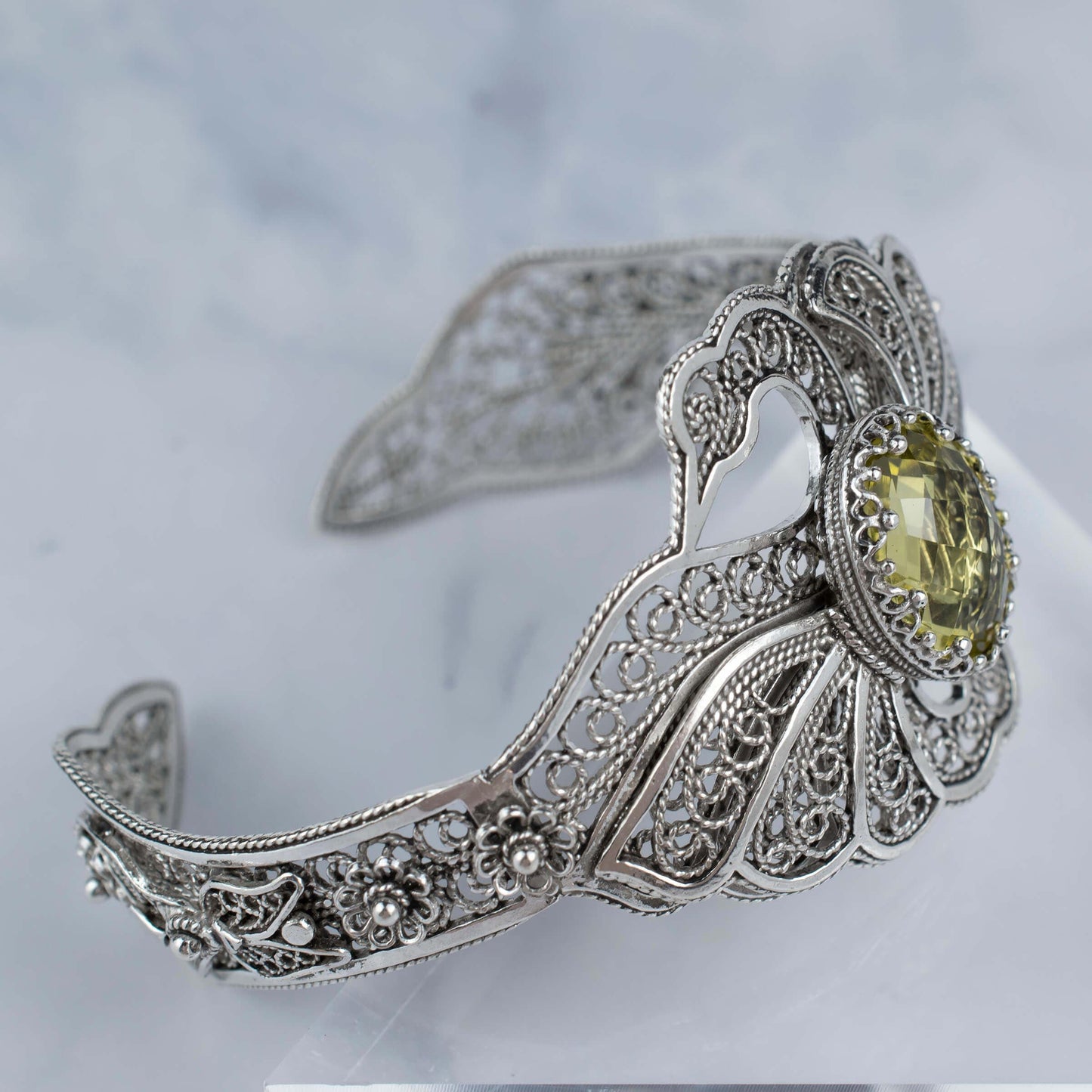 Filigree Art Lemon Quartz Gemstone Double Swan Figured Women Silver