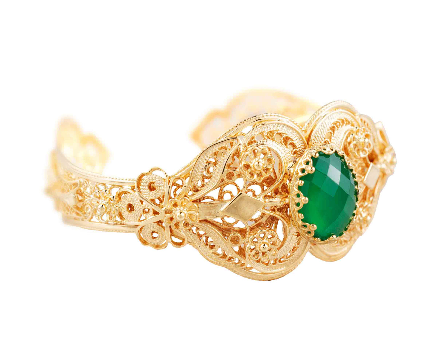 Gold Plated Sterling Silver Filigree Art Green Agate Gemstone Women