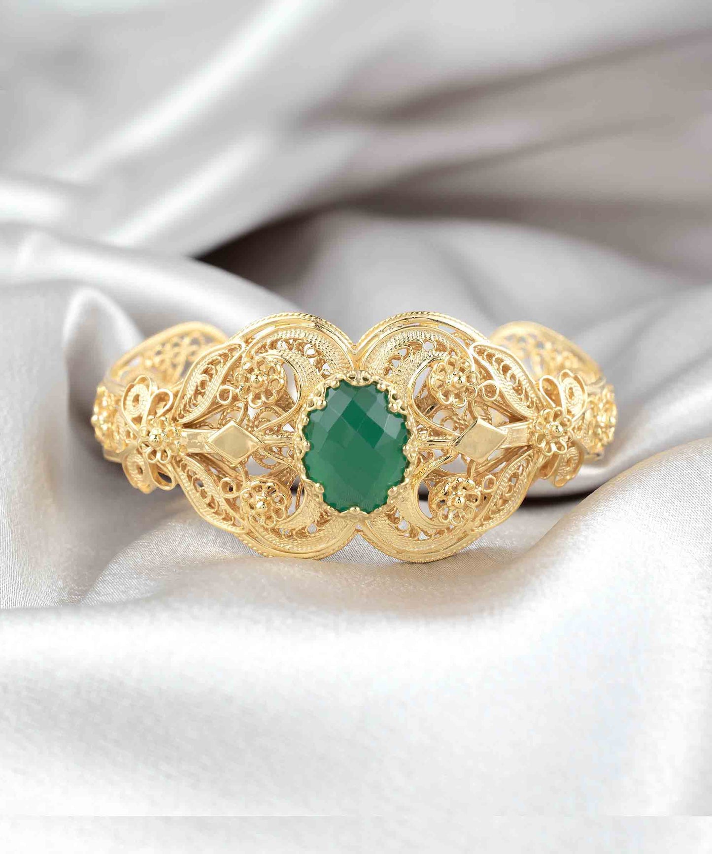 Gold Plated Sterling Silver Filigree Art Green Agate Gemstone Women