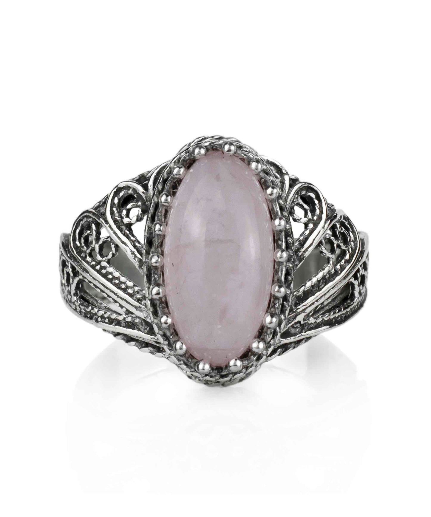 Filigree Art Rose Quartz Gemstone Angel Design Women Silver Cocktail