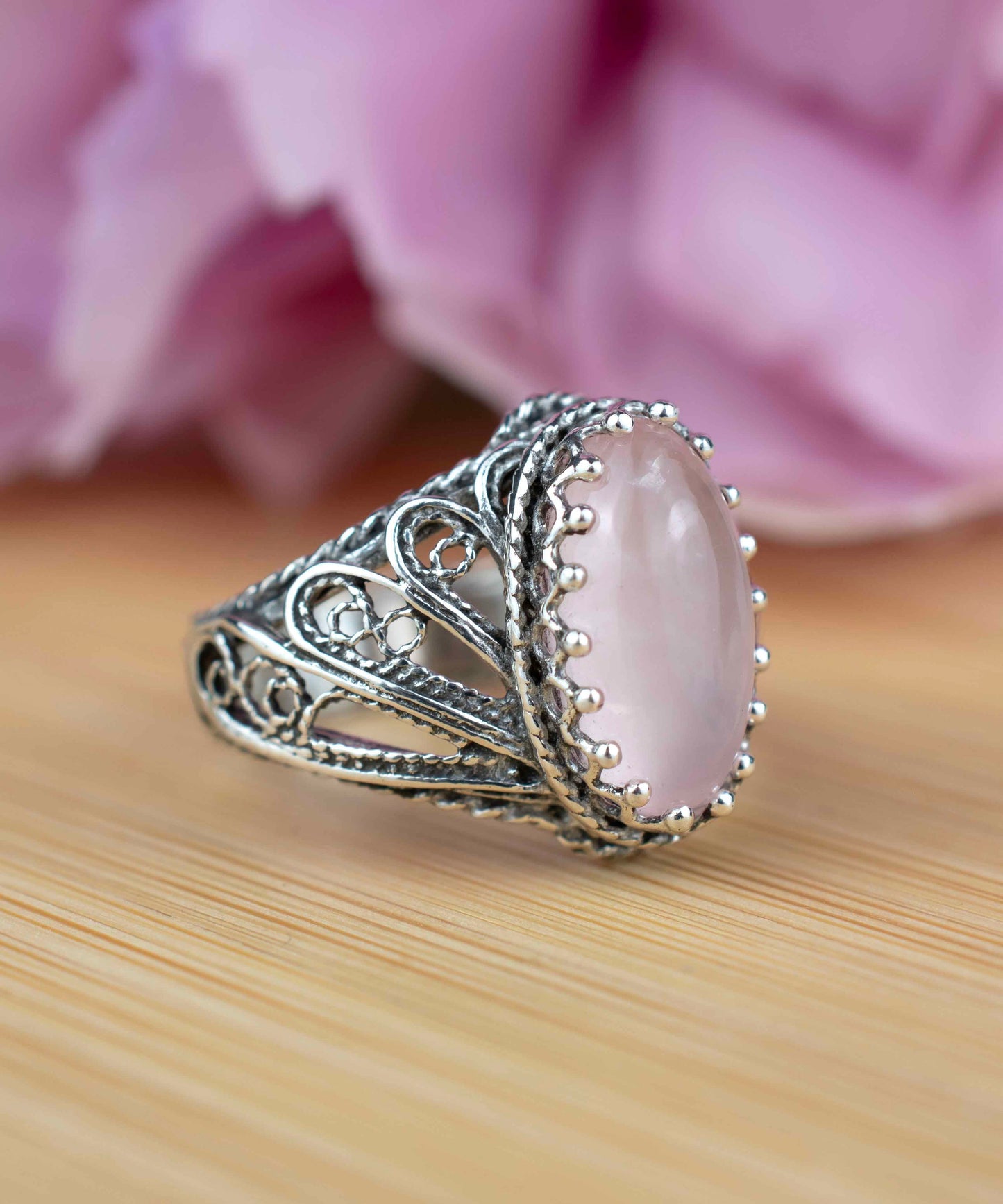 Filigree Art Rose Quartz Gemstone Angel Design Women Silver Cocktail