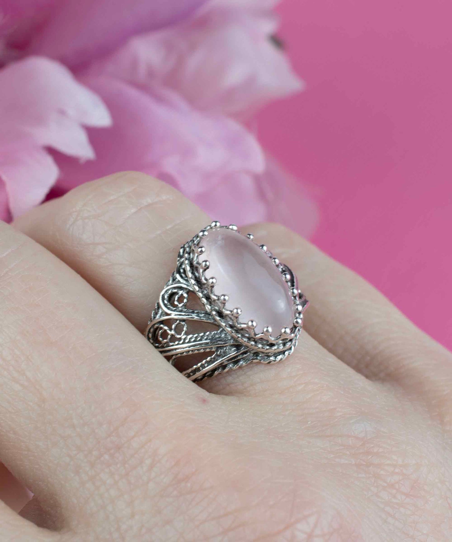 Filigree Art Rose Quartz Gemstone Angel Design Women Silver Cocktail