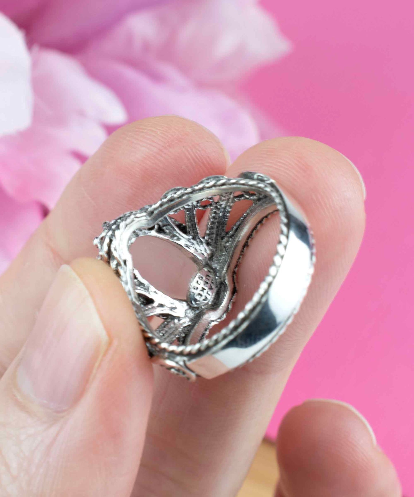 Filigree Art Rose Quartz Gemstone Angel Design Women Silver Cocktail