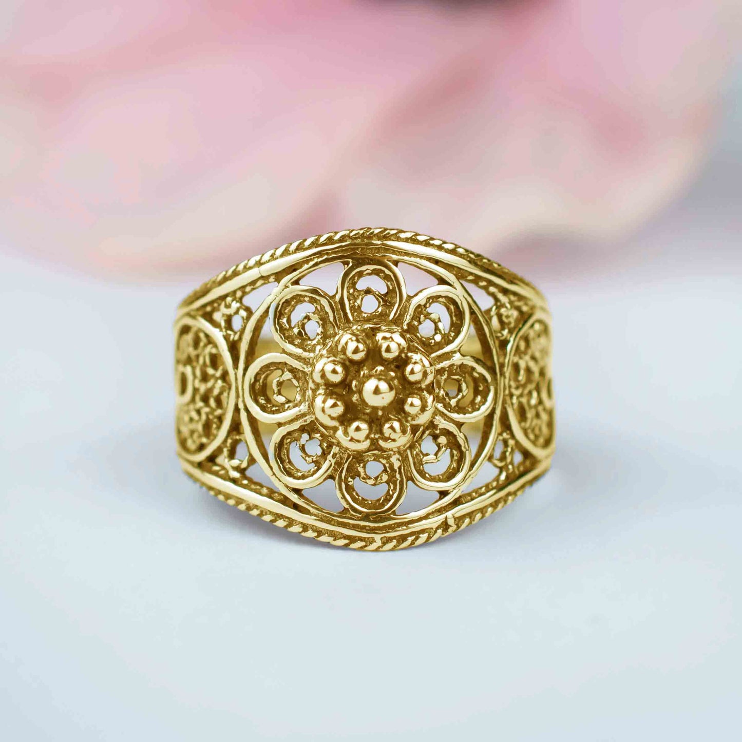 Filigree Art Lace Embroidery Women Gold Plated Silver Cocktail Ring