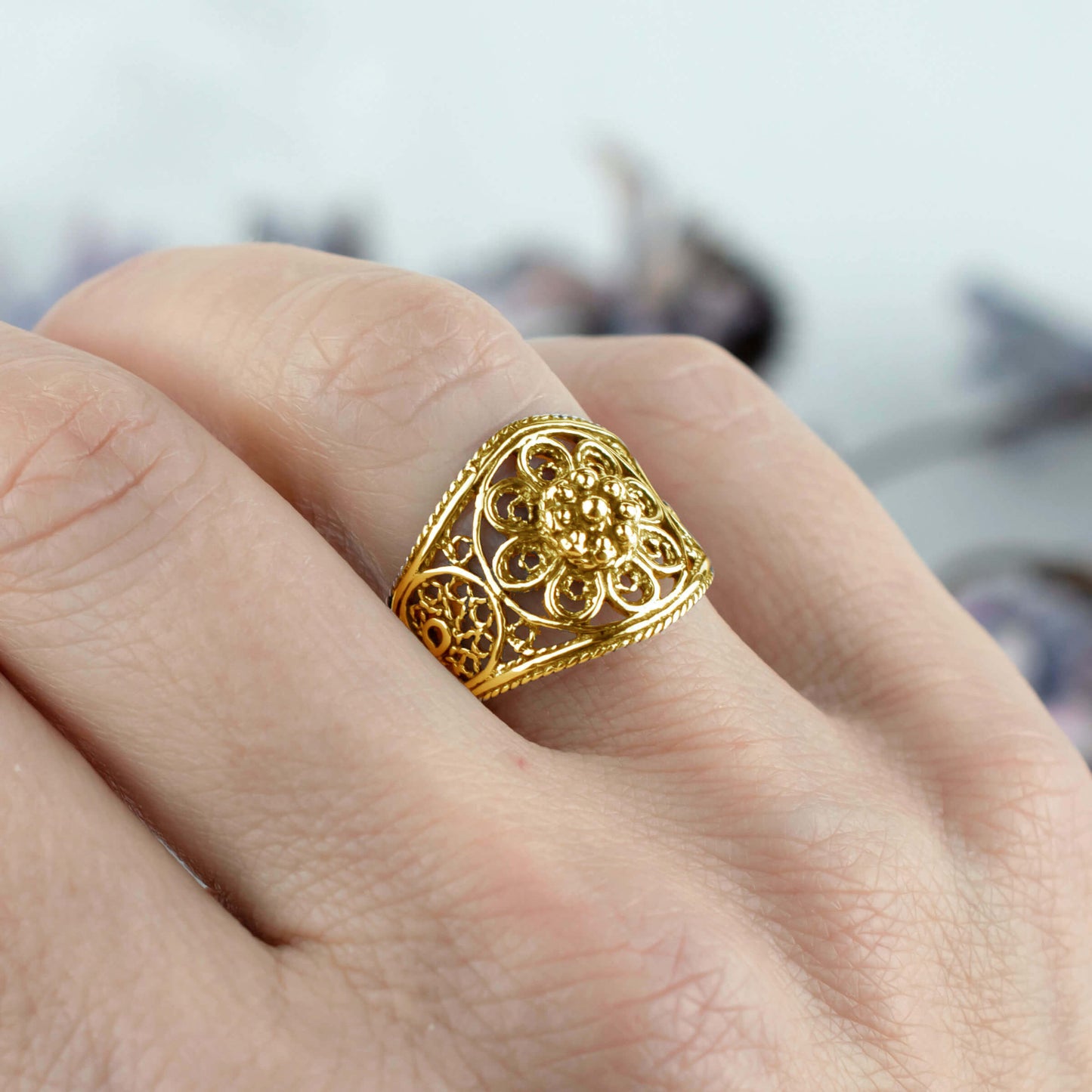 Filigree Art Lace Embroidery Women Gold Plated Silver Cocktail Ring