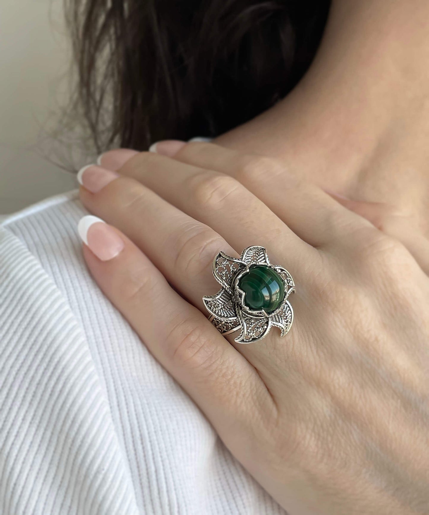 Lotus Flower Malachite Gemstone Women Silver Statement Ring