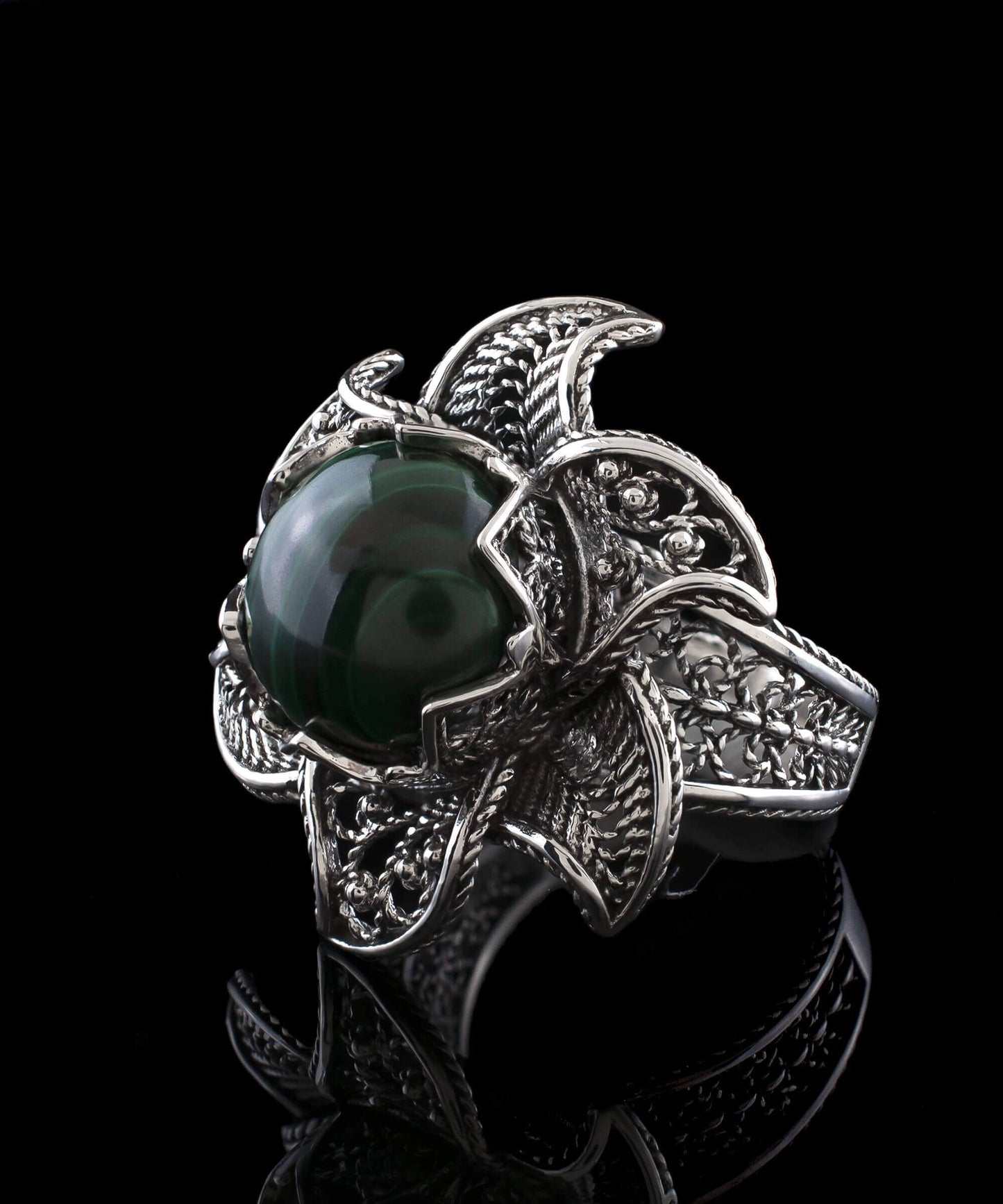 Lotus Flower Malachite Gemstone Women Silver Statement Ring