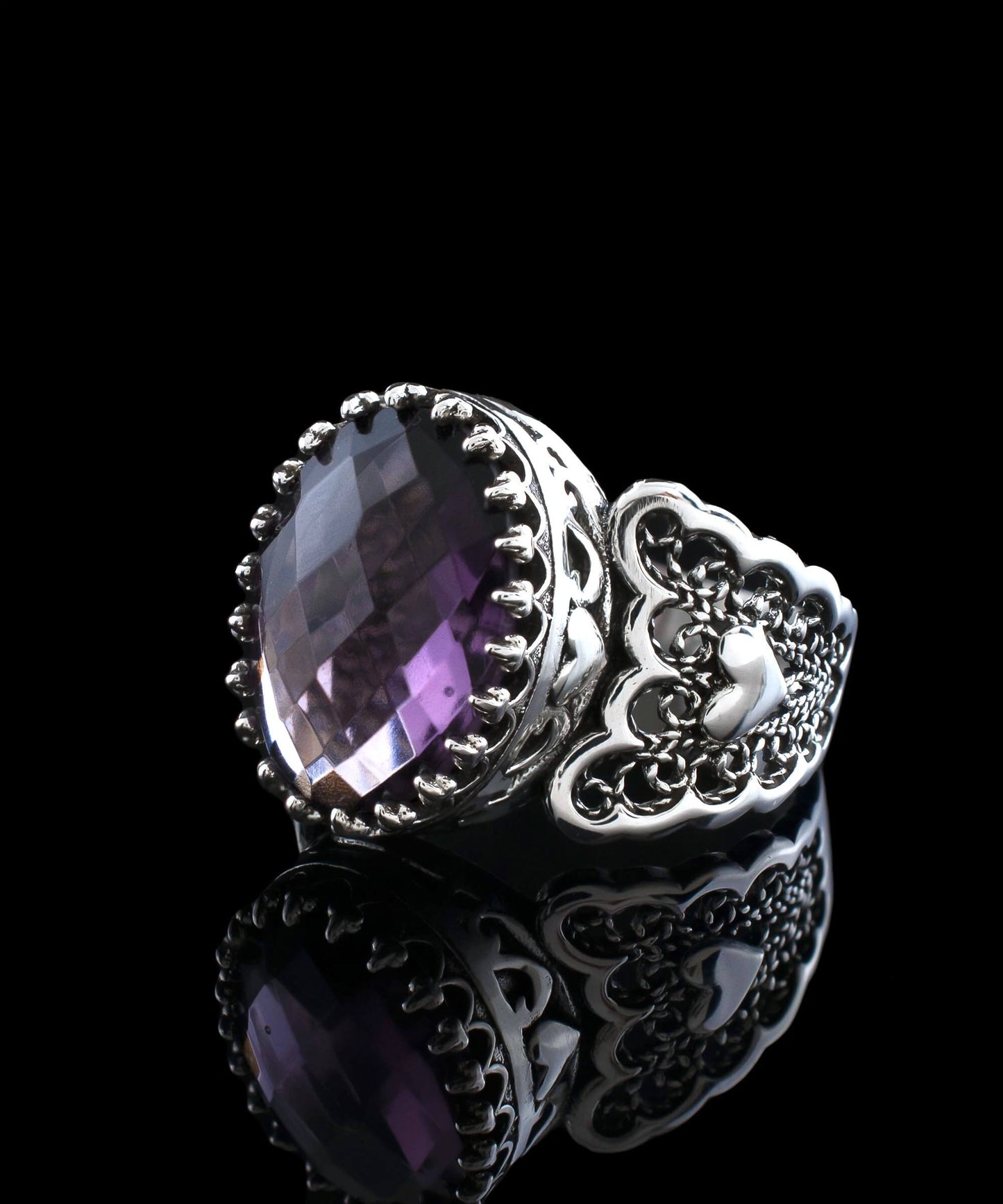 Amethyst Gemstone Double Heart Detailed Filigree Art 925 Sterling