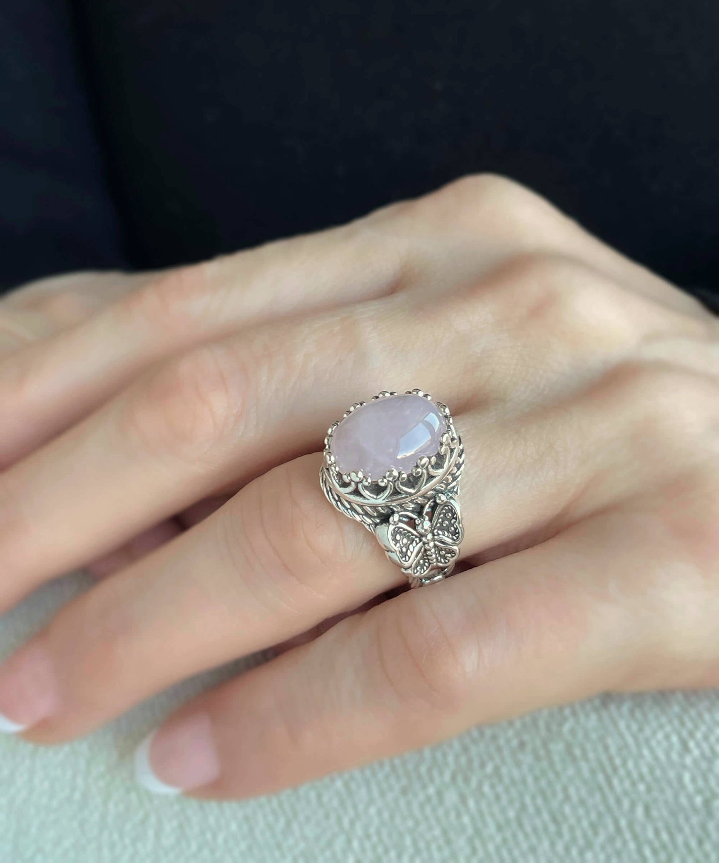 Rose Quartz Gemstone Filigree Art Double Butterfly Detailed Women