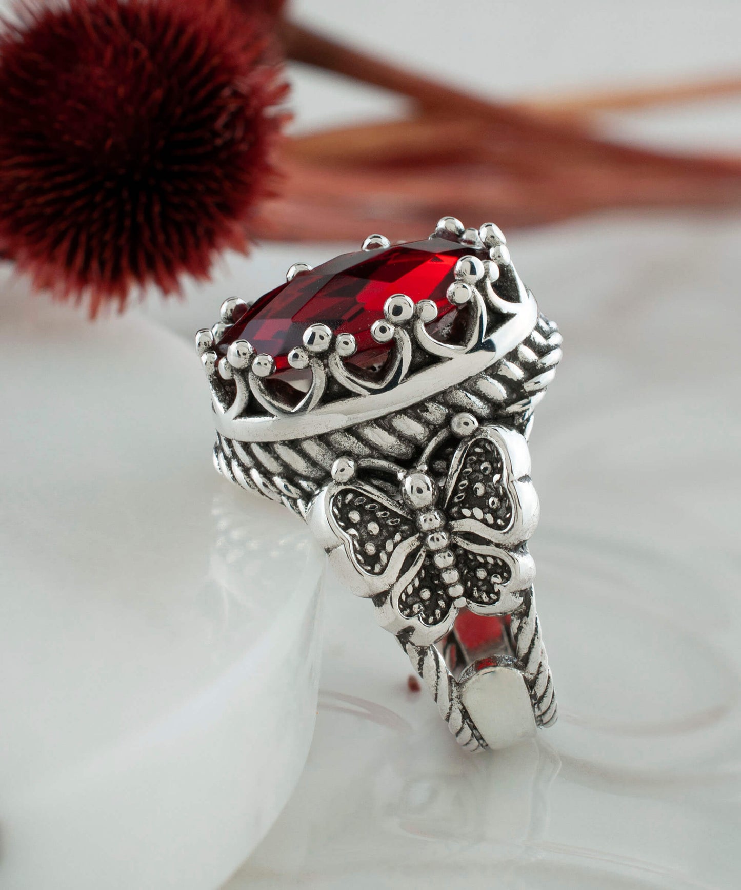 Ruby Quartz Gemstone Filigree Art Double Butterfly Detailed Women