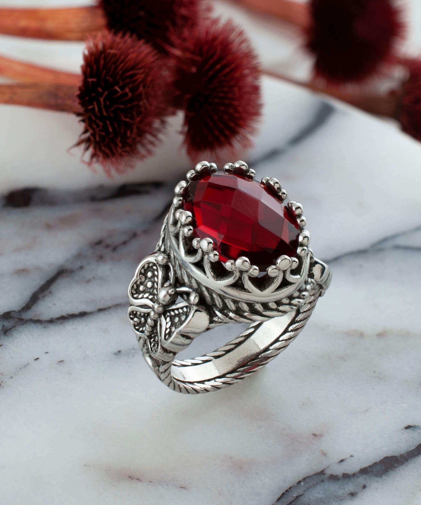 Ruby Quartz Gemstone Filigree Art Double Butterfly Detailed Women