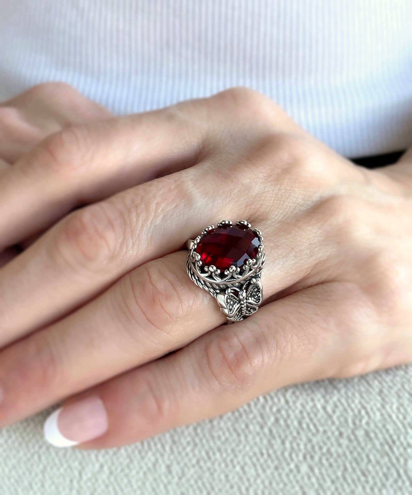 Ruby Quartz Gemstone Filigree Art Double Butterfly Detailed Women