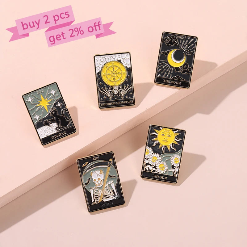 Tarot Enamel Pins Custom Sun Moon Stars Gothic Skeleton Lover Brooches