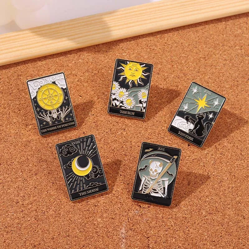 Tarot Enamel Pins Custom Sun Moon Stars Gothic Skeleton Lover Brooches