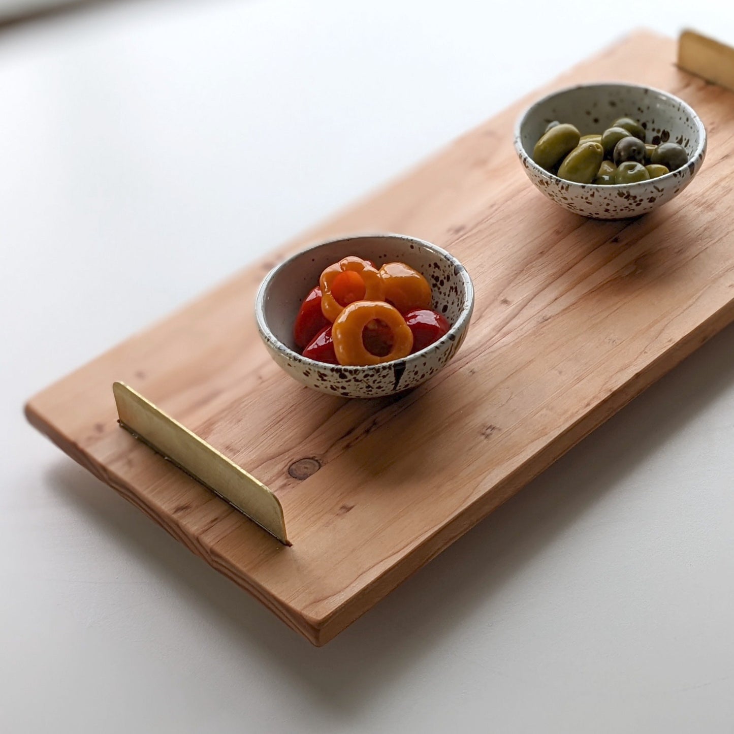 UNIQUE DOUG FIR WOOD TRAY WITH BRASS HANDLES