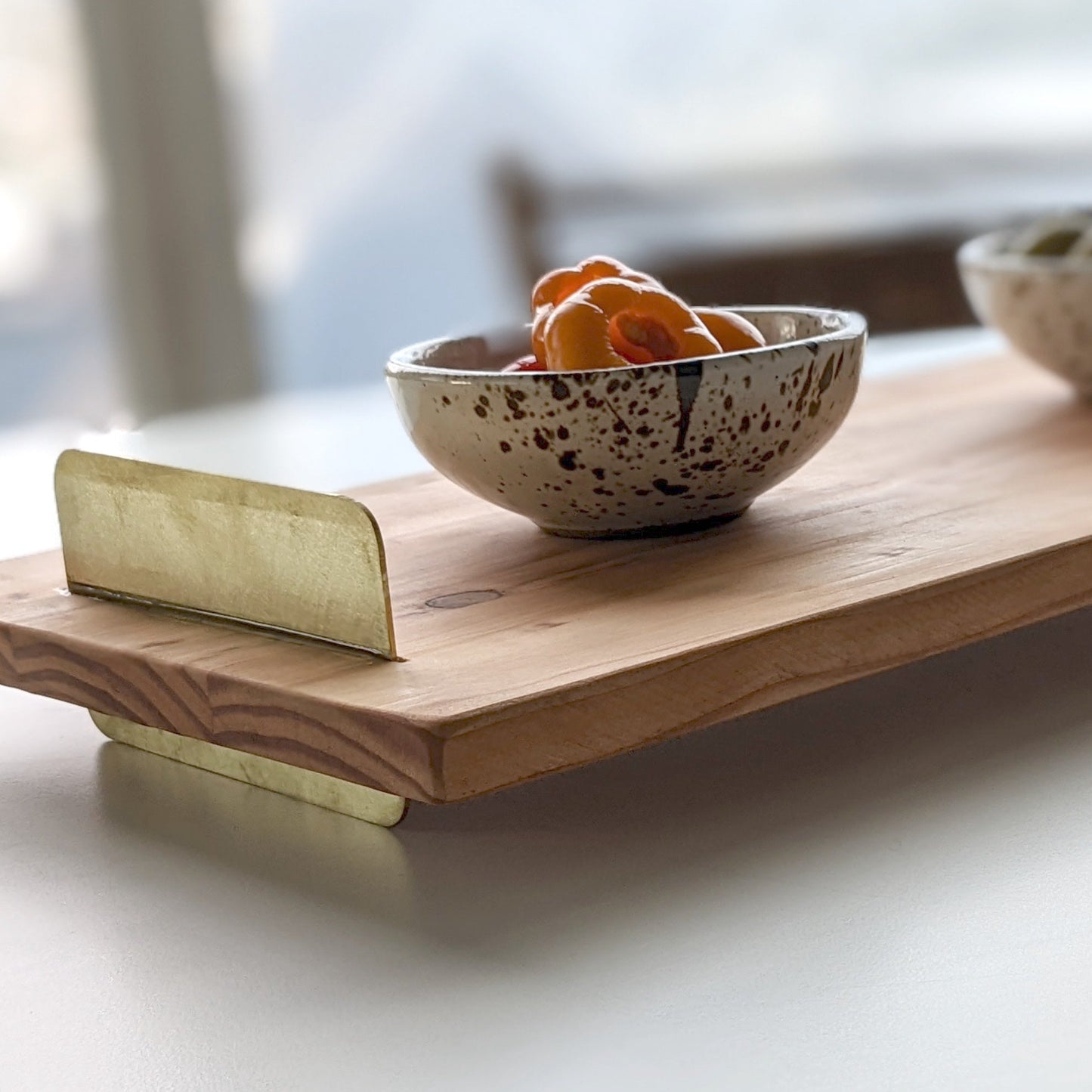UNIQUE DOUG FIR WOOD TRAY WITH BRASS HANDLES
