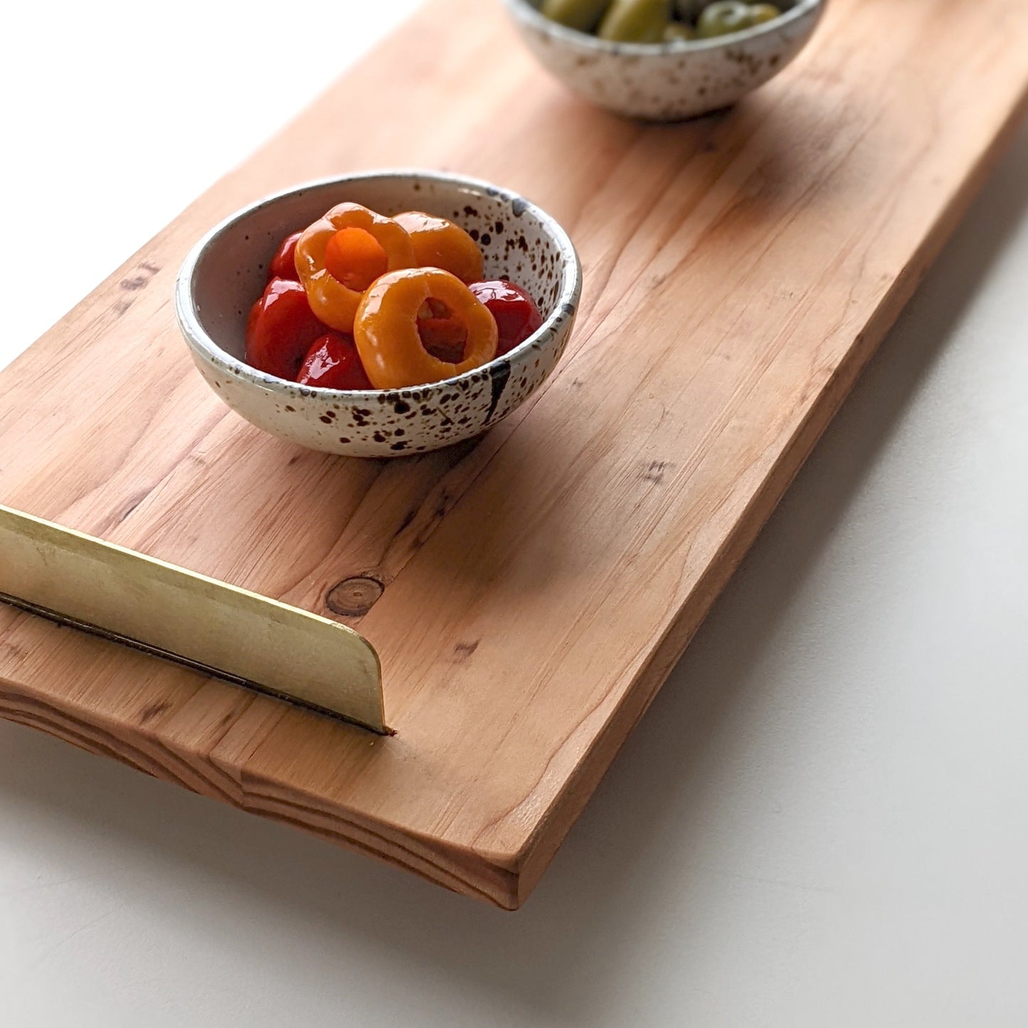 UNIQUE DOUG FIR WOOD TRAY WITH BRASS HANDLES