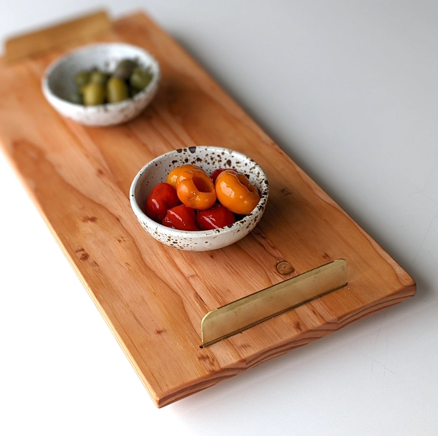 UNIQUE DOUG FIR WOOD TRAY WITH BRASS HANDLES
