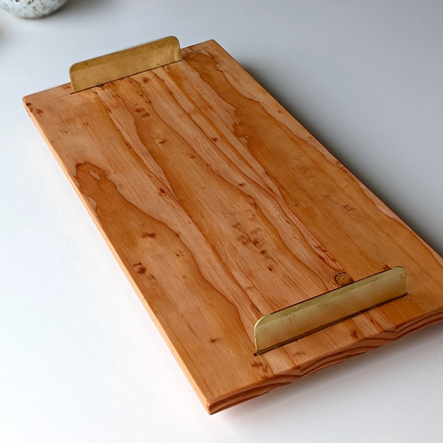UNIQUE DOUG FIR WOOD TRAY WITH BRASS HANDLES
