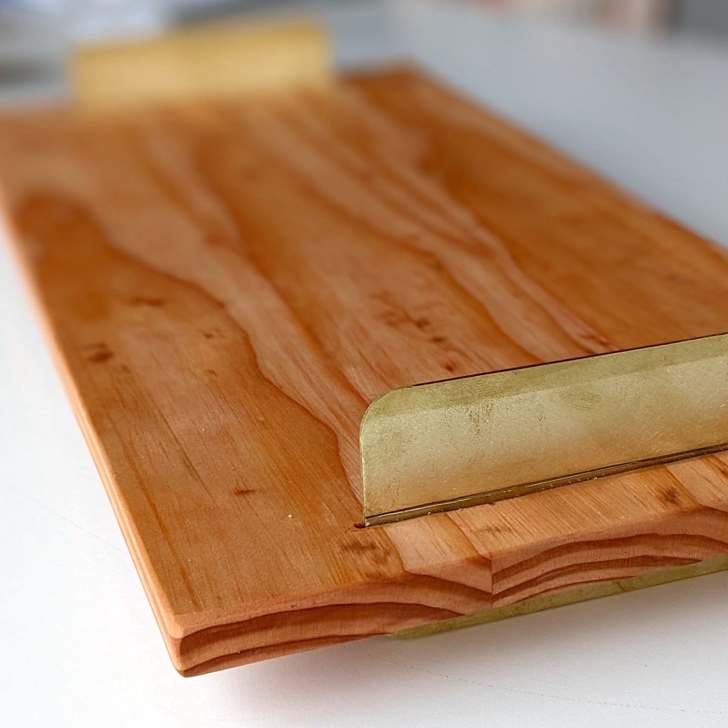 UNIQUE DOUG FIR WOOD TRAY WITH BRASS HANDLES