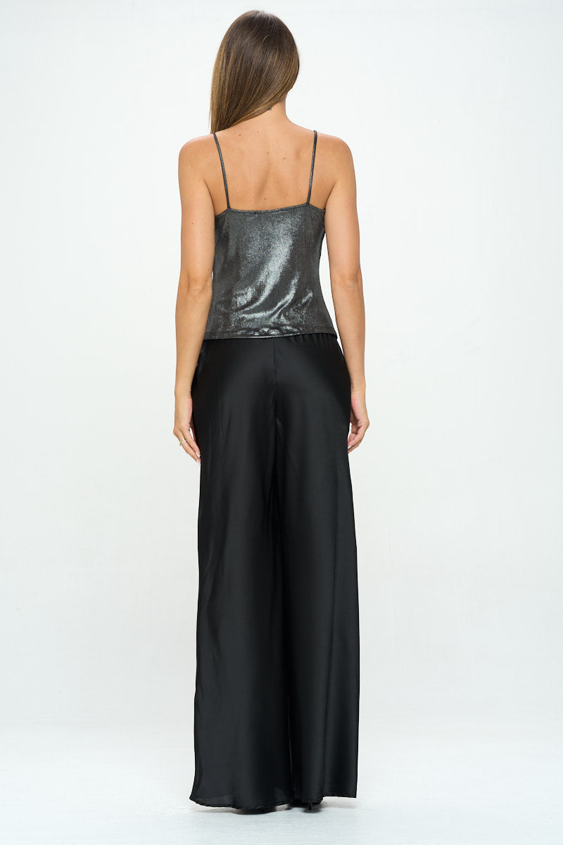 WOMENS METALLIC KNIT COWL NECK TANK TOP
