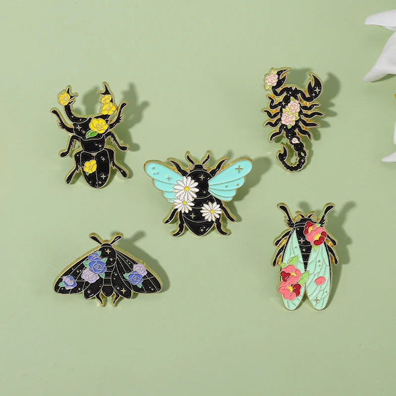 Floral Insects Enamel Pins Custom Nature Moth Cicada Scorpion