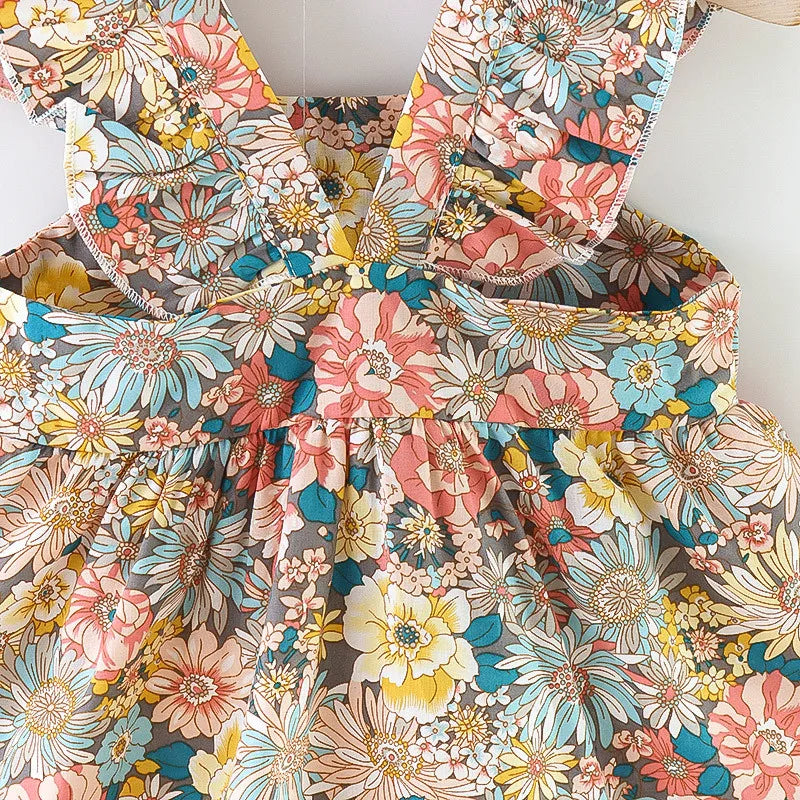 Summer Baby Girl's Dress New Vintage Garden Flower Flying Sleeve Dress