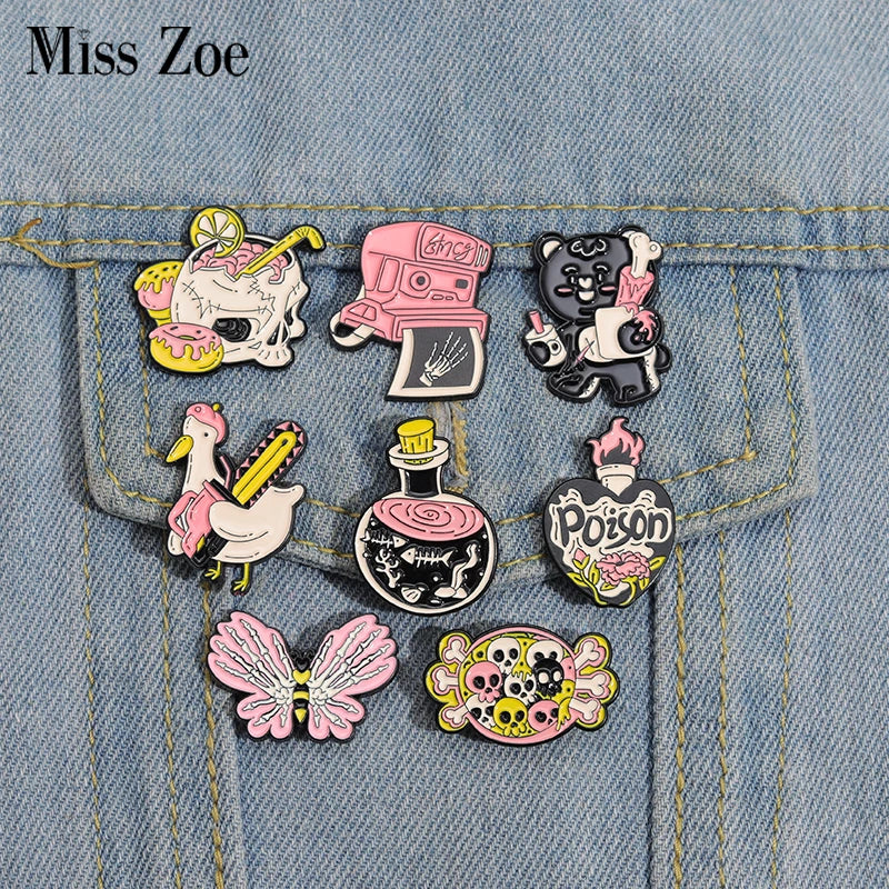 Pink Punk Enamel Pins Custom Skeleton Butterfly Goose Bear
