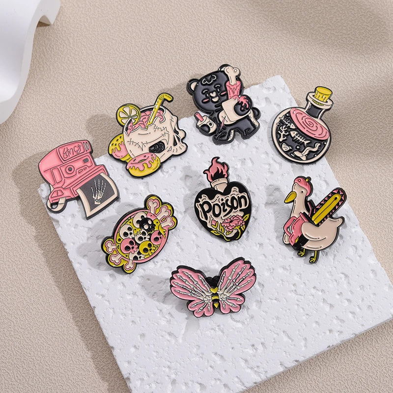 Pink Punk Enamel Pins Custom Skeleton Butterfly Goose Bear