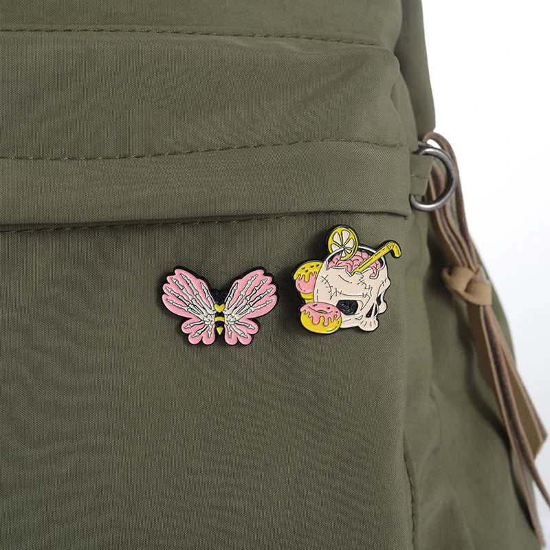 Pink Punk Enamel Pins Custom Skeleton Butterfly Goose Bear