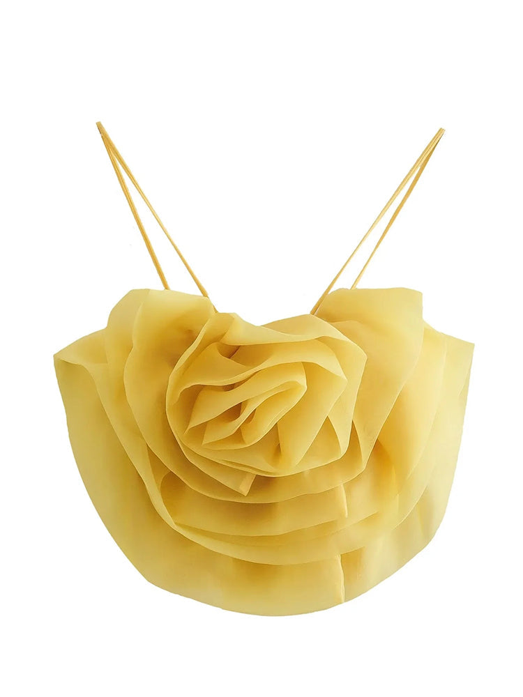Big Flower Organza Kitted Yellow Crop Top Cami for Women