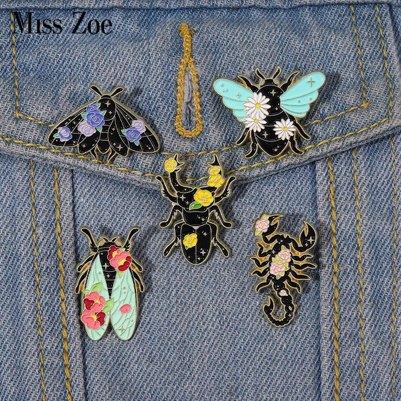 Floral Insects Enamel Pins Custom Nature Moth Cicada Scorpion