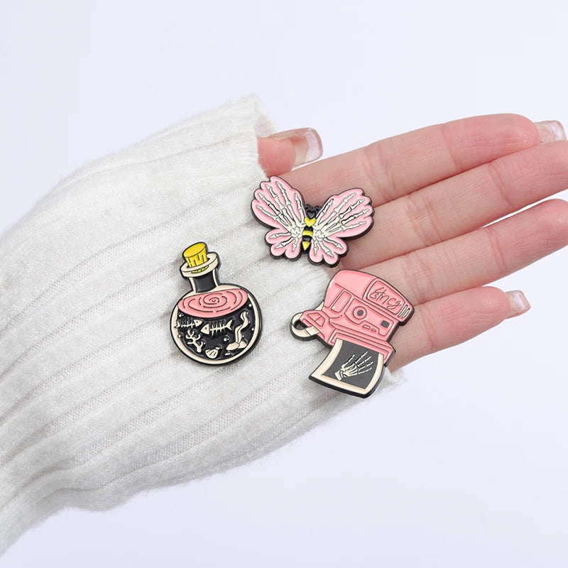 Pink Punk Enamel Pins Custom Skeleton Butterfly Goose Bear