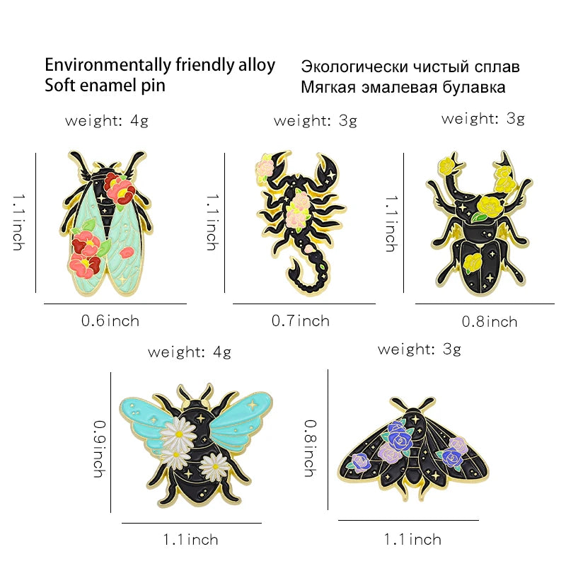 Floral Insects Enamel Pins Custom Nature Moth Cicada Scorpion