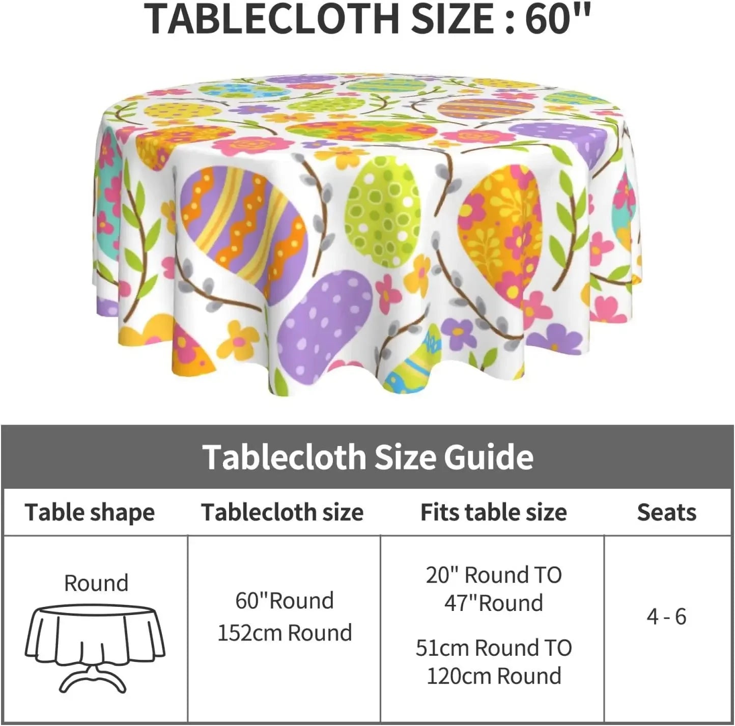Easter Eggs Tablecloth Round 60 Inch