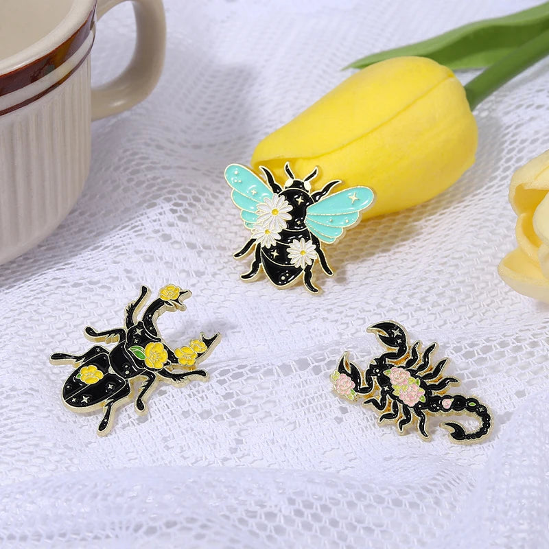 Floral Insects Enamel Pins Custom Nature Moth Cicada Scorpion