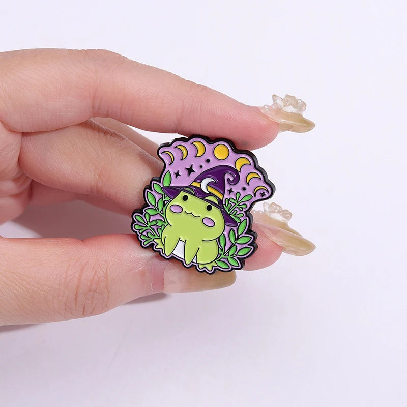 Witch Frogs Enamel Pins Custom Spell Book Magic Wand Potion Moon Phase